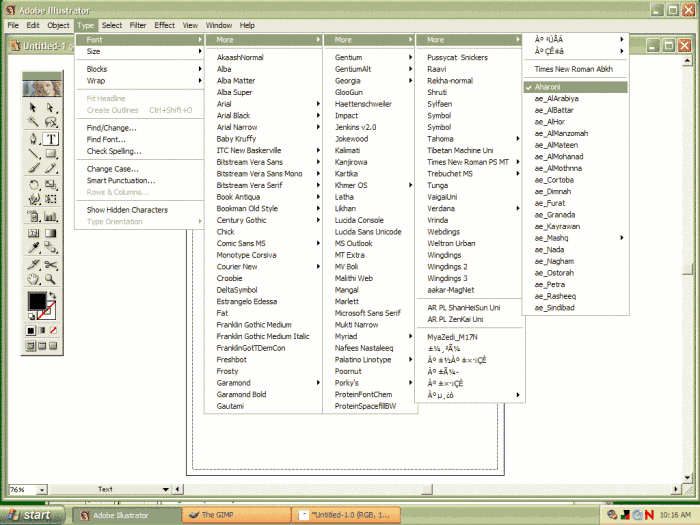 Adobe Illustrator 10 font selection