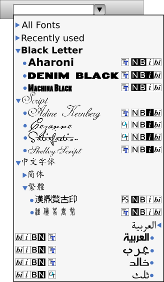 Extended font selection mockup